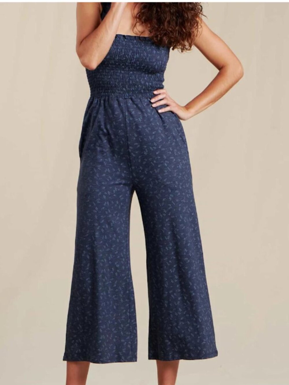 Gemina Sleeveless Smocked Wide Leg Tie Shoulder Jumpsuit Navy Small S
